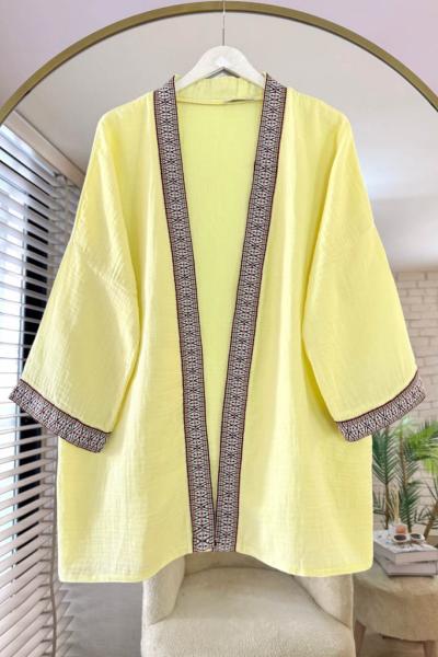 Kilim Şeritli Müslin Kimono Sarı