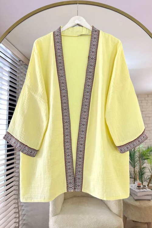 Kilim Şeritli Müslin Kimono Sarı