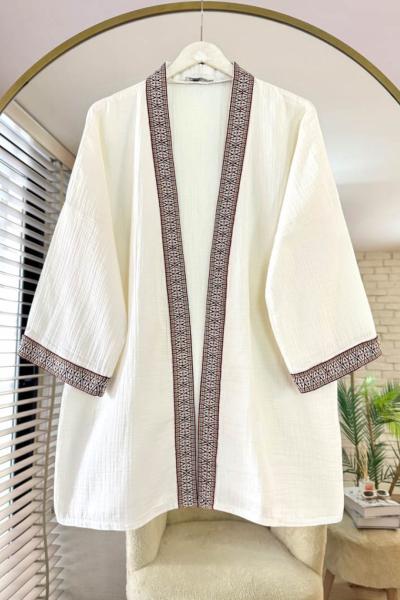 Kilim Şeritli Müslin Kimono Ekru