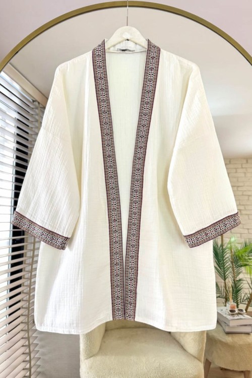 Kilim Şeritli Müslin Kimono Ekru