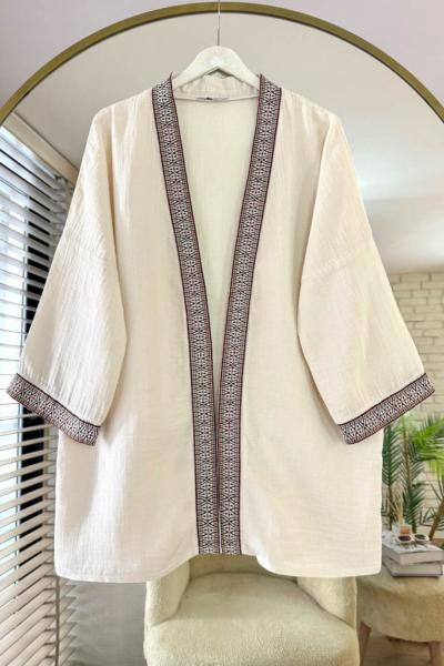 Kilim Şeritli Müslin Kimono Bej