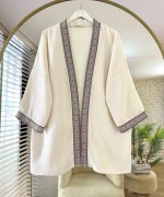 Kilim Şeritli Müslin Kimono Bej