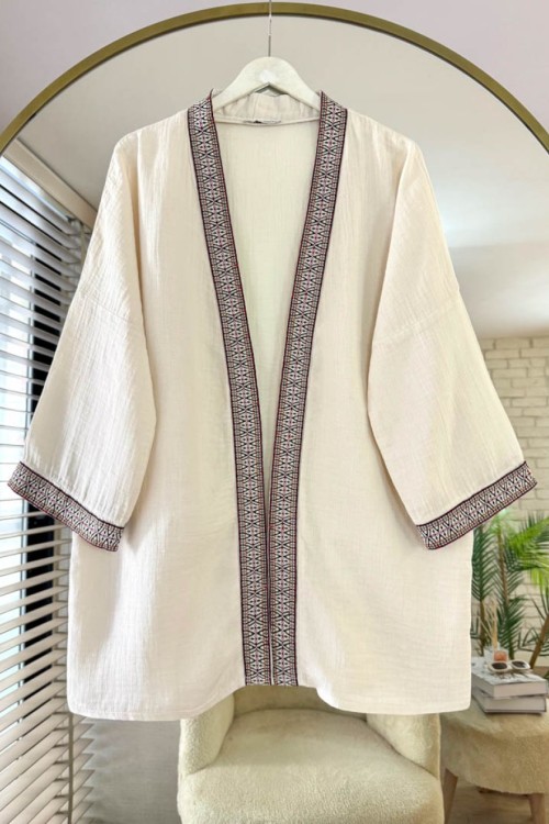 Kilim Şeritli Müslin Kimono Bej