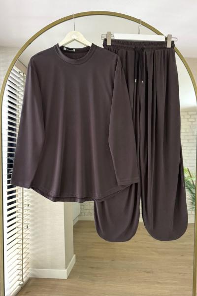 Şalvar Pantolonlu Süprem Takım Kahverengi