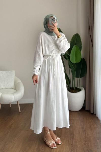 Büzgülü Müslin Elbise Beyaz