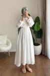 Büzgülü Müslin Elbise Beyaz