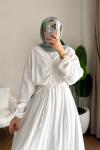 Büzgülü Müslin Elbise Beyaz