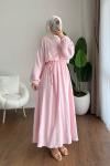 Büzgülü Müslin Elbise Pudra
