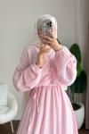 Büzgülü Müslin Elbise Pudra