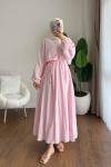 Büzgülü Müslin Elbise Pudra