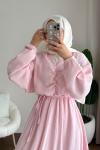 Büzgülü Müslin Elbise Pudra