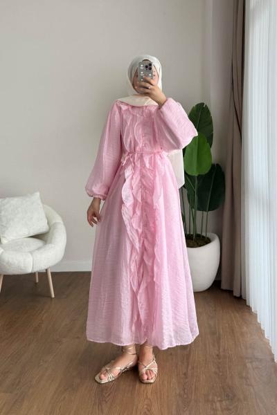Fine Fırfırlı Elbise Pembe