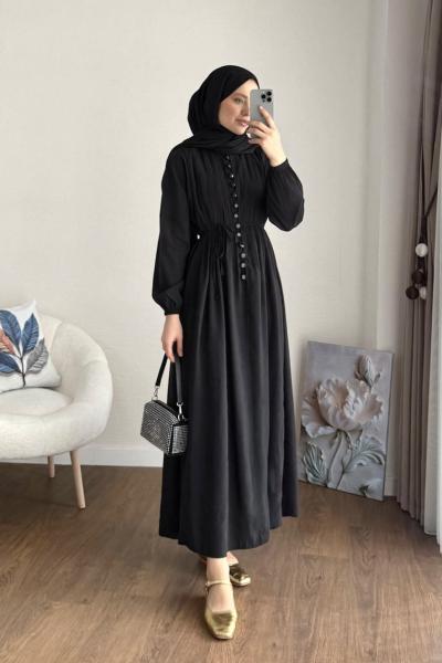 Nervürlü Salaş Modal Elbise Siyah