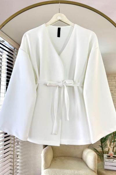 Kuşaklı Scuba Ceket Beyaz