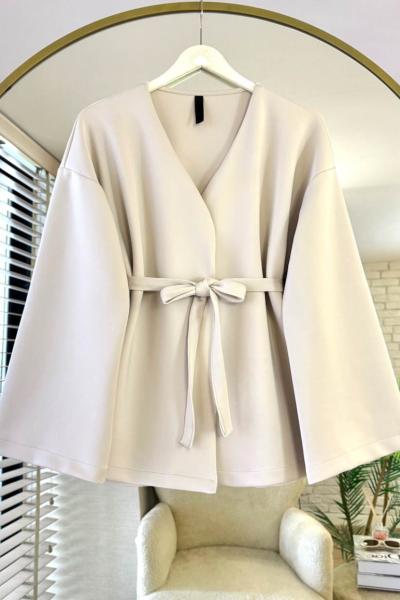 Kuşaklı Scuba Ceket Bej