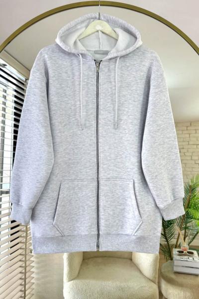 Fermuarlı Üç İplik Uzun Hırka Kar Melanj