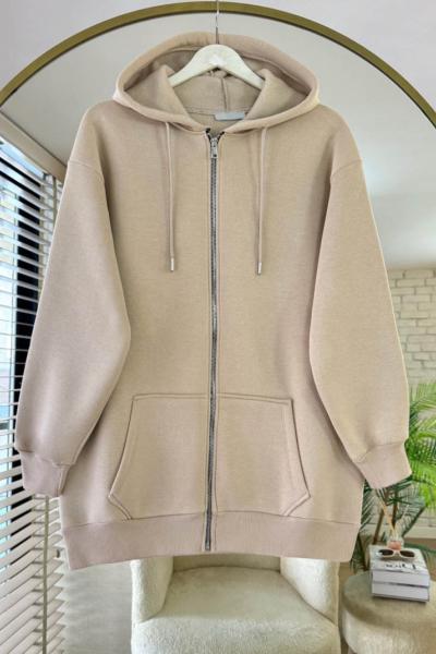 Fermuarlı Üç İplik Uzun Hırka Bej