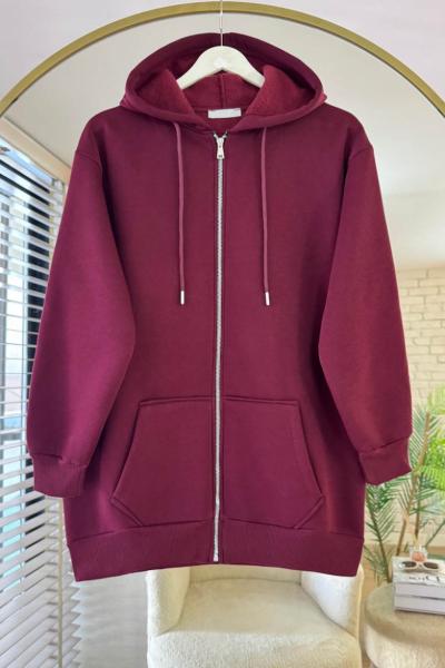 Fermuarlı Üç İplik Uzun Hırka Bordo