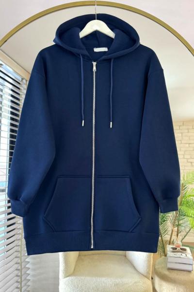 Fermuarlı Üç İplik Uzun Hırka Lacivert