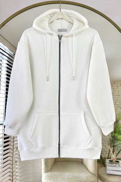 Fermuarlı Üç İplik Uzun Hırka Beyaz