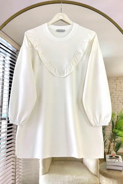 Verev Fırfırlı Dantelli Tunik Ekru