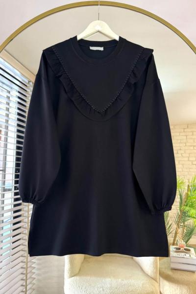 Verev Fırfırlı Dantelli Tunik Siyah