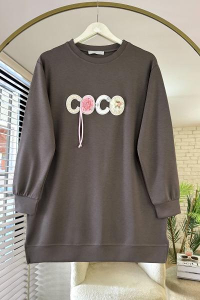 Coco Çiçek Detaylı Tunik Kahverengi