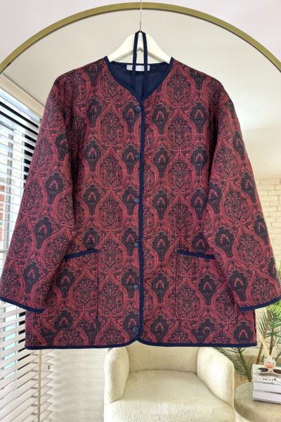 Etnik Desenli Kapitone Ceket Bordo