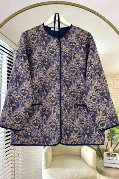 Etnik Desenli Kapitone Ceket Lacivert