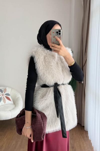 Kuşaklı Kürk Yelek Krem