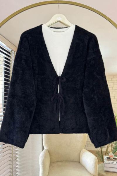 Bağcıklı Sakallı Kısa Triko Hırka Siyah