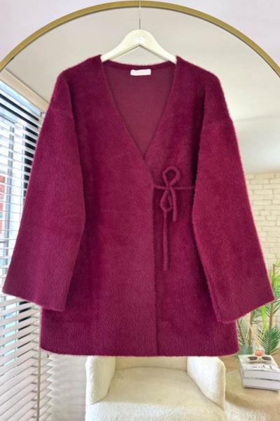 Yandan Bağcıklı Sakallı Triko Hırka Bordo