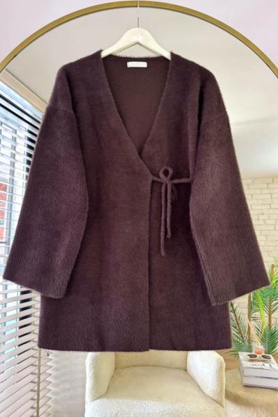 Yandan Bağcıklı Sakallı Triko Hırka Acı Kahve