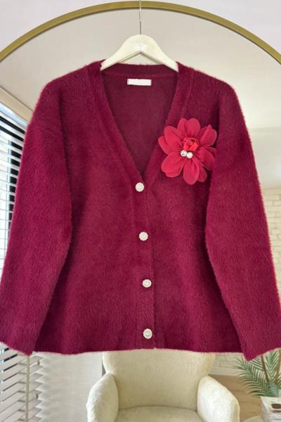 Taş Düğmeli Çiçekli Hırka Bordo