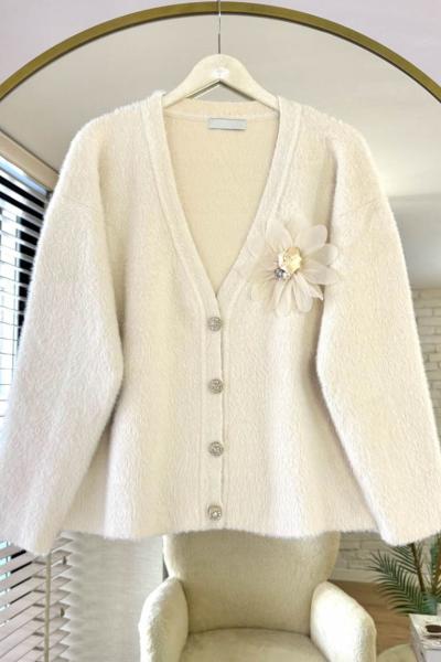 Taş Düğmeli Çiçekli Hırka Krem