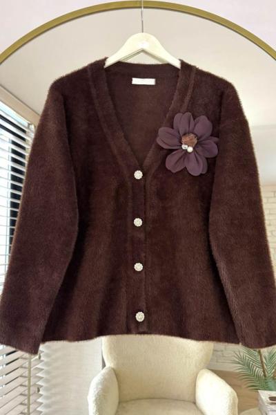 Taş Düğmeli Çiçekli Hırka Acı Kahve