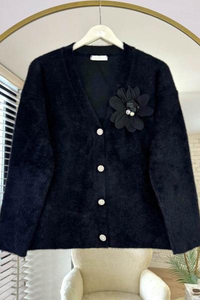 Taş Düğmeli Çiçekli Hırka Siyah