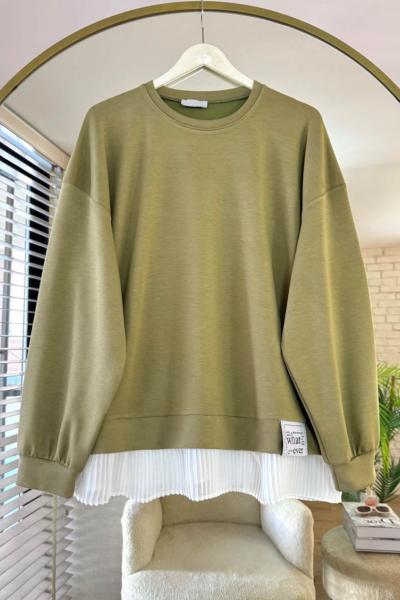 Eteği Piliseli Oversize Tunik Yağ Yeşili