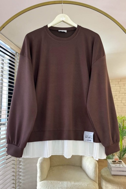 Eteği Piliseli Oversize Tunik Acı Kahve