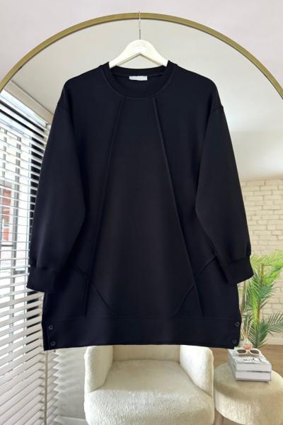 Düğme Detaylı Çımalı Tunik Siyah