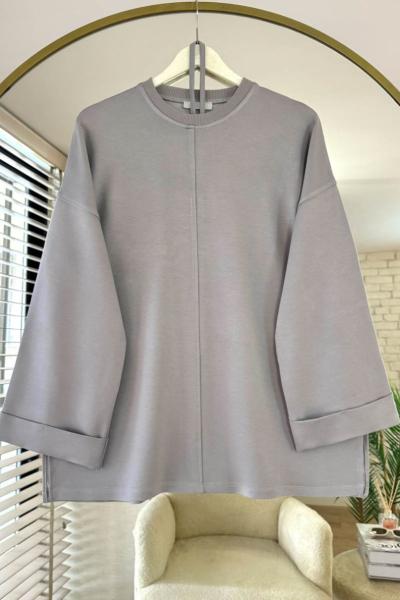 Bisiklet Yaka Yırtmaçlı Tunik Gri
