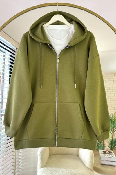 Oversize Fermuarlı Hırka Yağ Yeşili