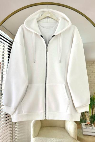 Oversize Fermuarlı Hırka Beyaz