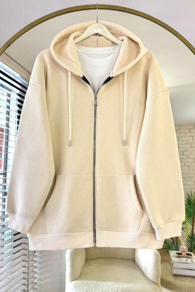 Oversize Fermuarlı Hırka Krem