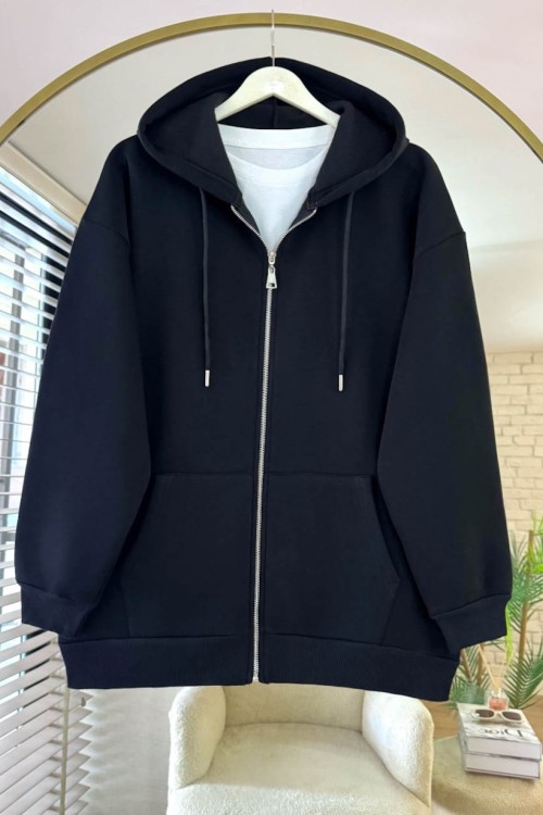 Oversize Fermuarlı Hırka Siyah