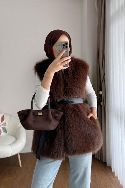 Kuşaklı Kürk Yelek Acı Kahve