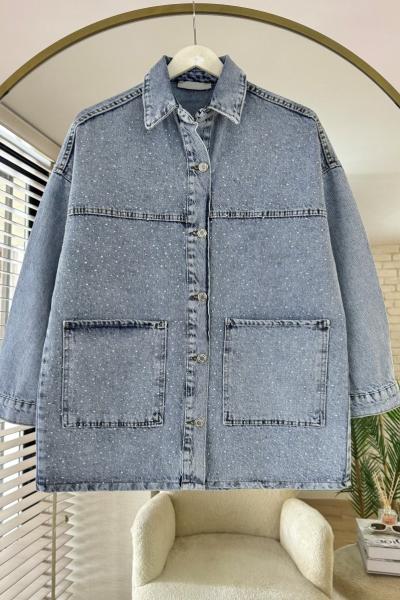 Taş Baskılı Kot Ceket Kar Yıkama Mavi