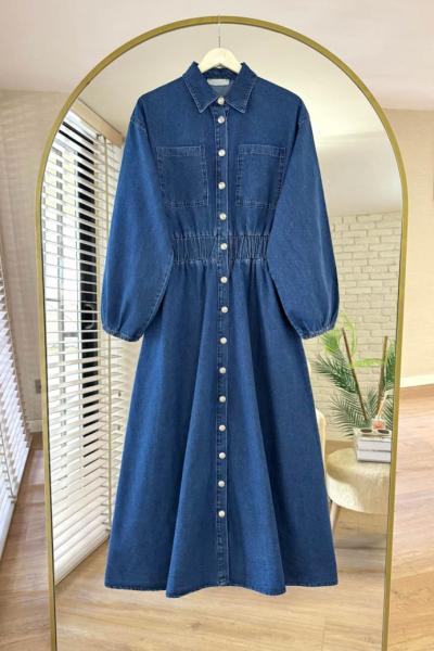 Boydan Düğmeli Beli Lastikli Kot Elbise Lacivert