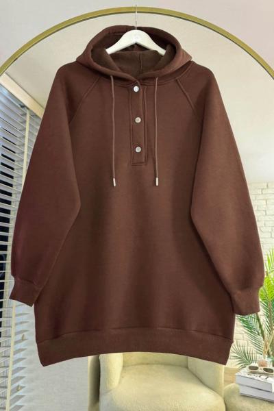 Patı Çıt Çıtlı Kapüşonlu Sweathirt Acı Kahve
