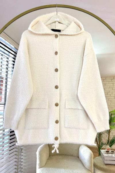 Kapüşonlu Yumoş Hırka Krem